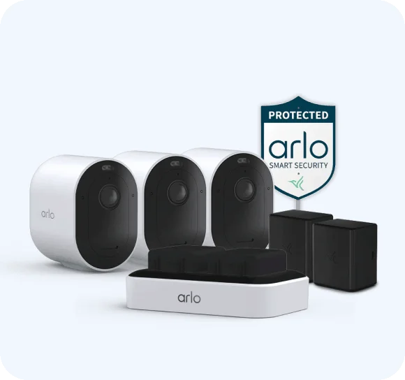 Three Arlo Pro 6 Wireless Security Cameras, an Arlo Yard Sign, and rechargeable batteries.