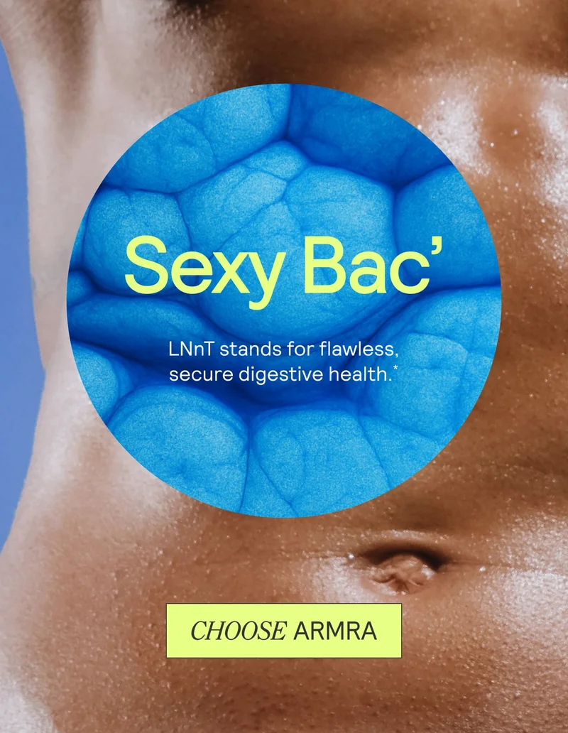 Blue circular graphic reading ‘Sexy Bac’’ over an abdomen, promoting gut health and ARMRA Colostrum.