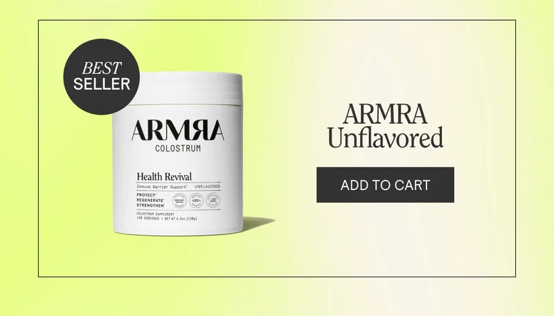 ARMRA Colostrum Health Revival unflavored product image with ‘Add to Cart’ and ‘Best Seller’ label.