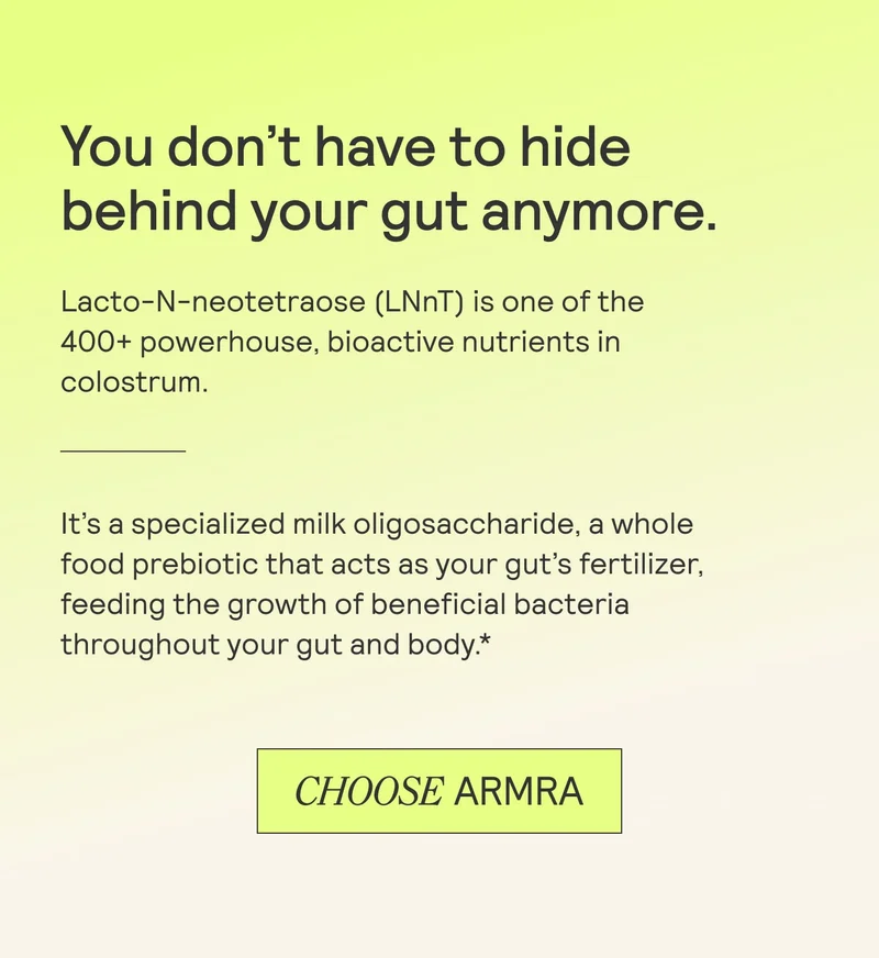 Text explaining LNnT’s role in gut health with a ‘Choose ARMRA’ call-to-action on a yellow background.