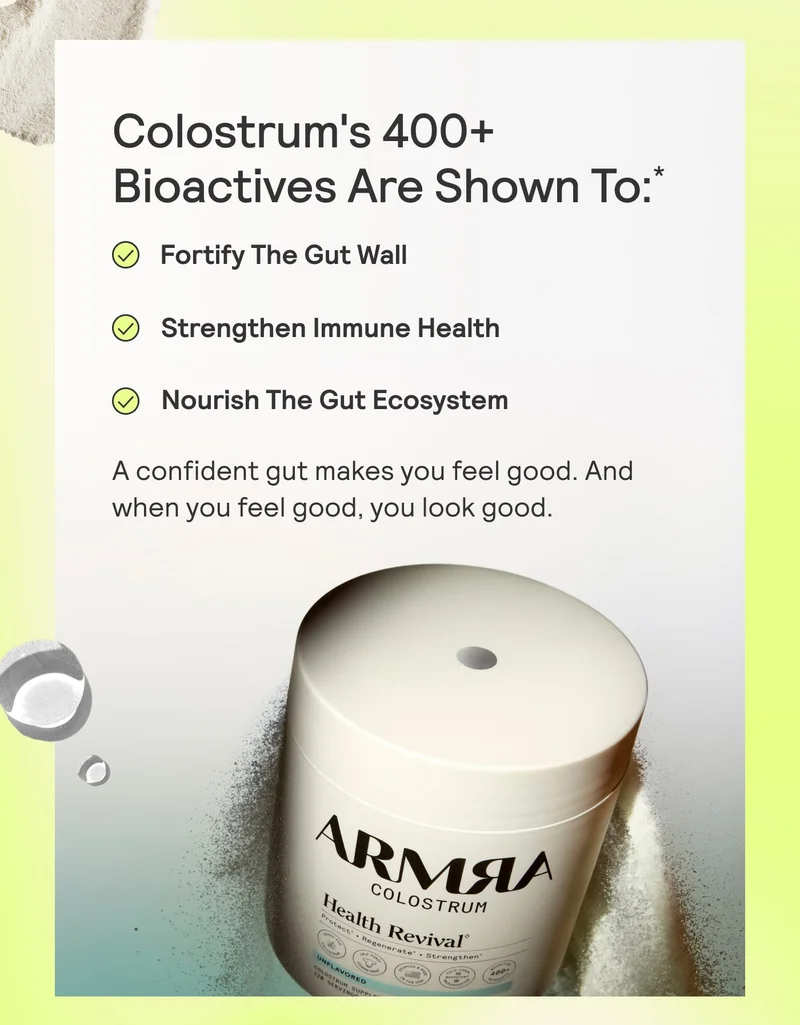 ARMRA Colostrum container with list of benefits including gut wall support, immune health, and gut ecosystem nourishment.