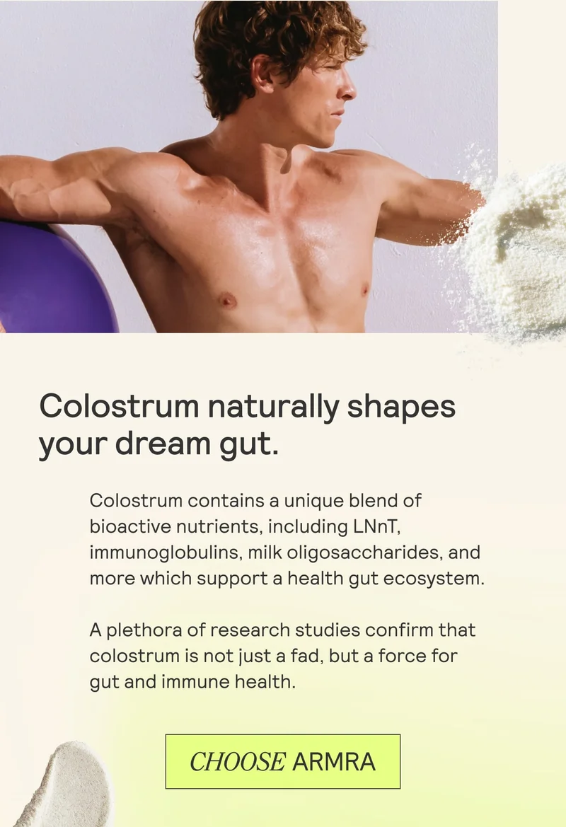 Fit man leaning on a fitness ball with text about colostrum’s gut health benefits and ‘Choose ARMRA’ button.