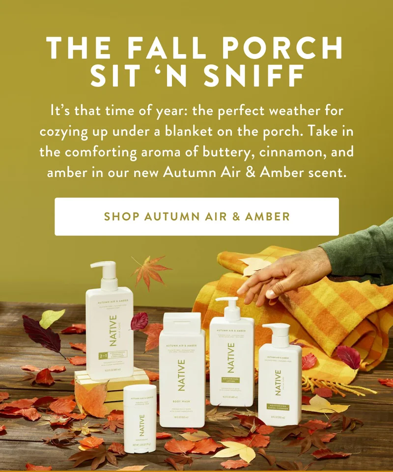 The Fall Porch Sit ‘n Sniff | It’s that time of year: the perfect weather for cozying up under a blanket on the porch. Find your spot and take in the comforting aroma of our new Autumn Air & Amber scent. | SHOP AUTUMN AIR & AMBER