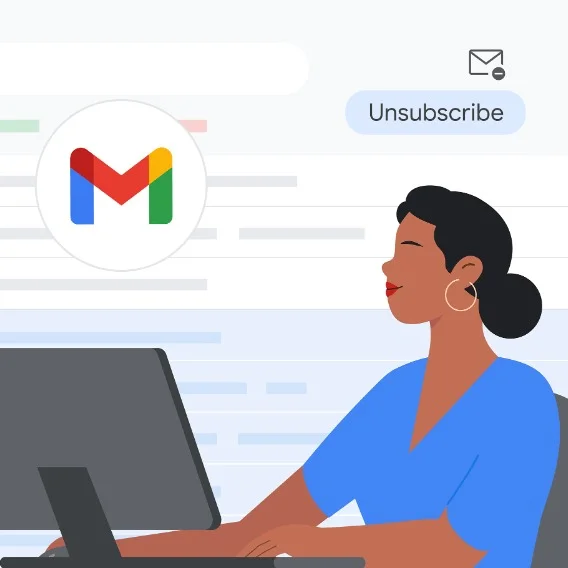Illustration of a person sitting at a desktop computer typing. A Gmail inbox and the Gmail icon are behind the person.