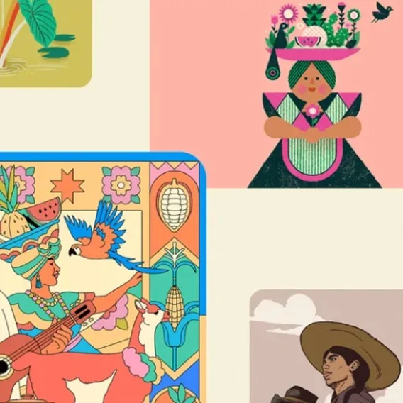 Various illustrations showing figures in vibrant costumes and masks representing dancers or mythical being. Colorful geometric patterns and motifs.