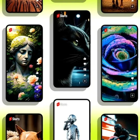 Various Pixel phone screens displaying neon and black graphics related to YouTube.