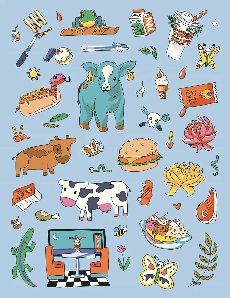 an image of a group of cows standing in front of a hamburger
