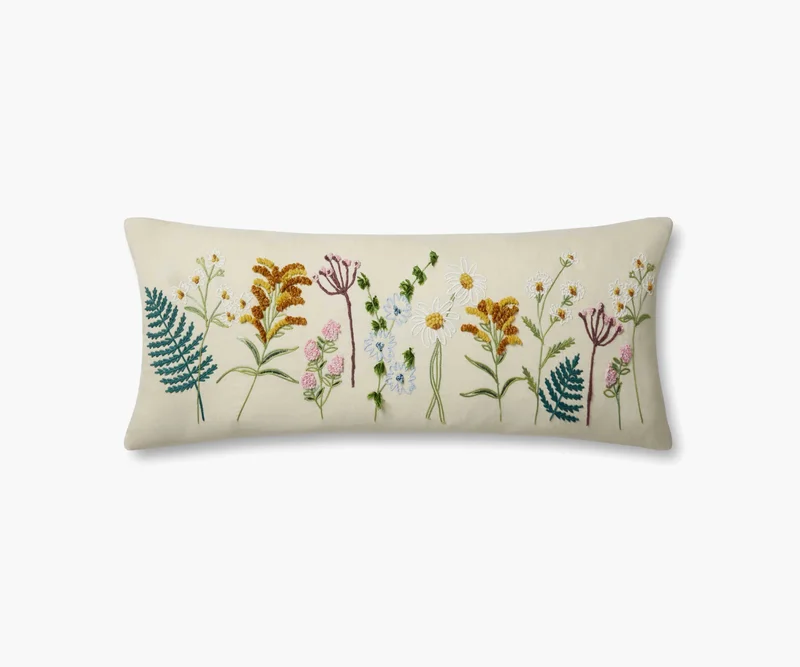 Image of Wildflowers Embroidered Lumbar Pillow - Cream