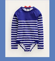 Long Sleeve Frilly Swimsuit - Sapphire Blue, Ivory Stripe