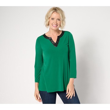 Susan Graver Petite Liquid Knit A-Line Tunic w/ Faux Leather Trim
