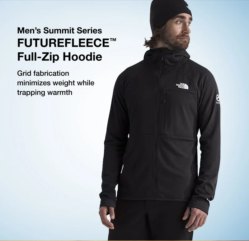 Men's Summit Series FUTUREFLEECE™ Full-Zip Hoodie Grid fabrication minimizes weight while trapping warmth