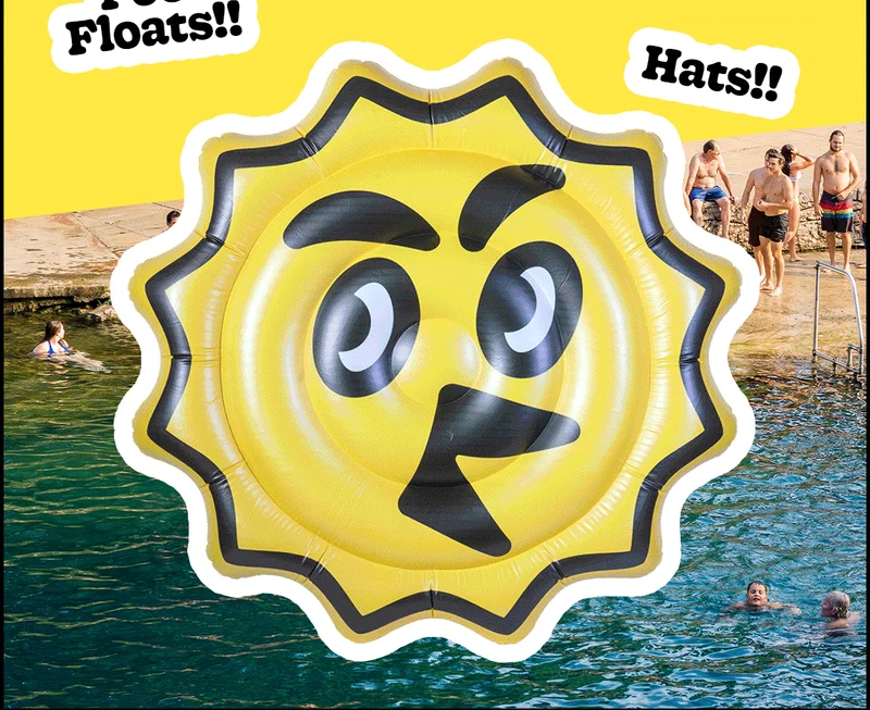 yellowbird pool float, tee, and hat