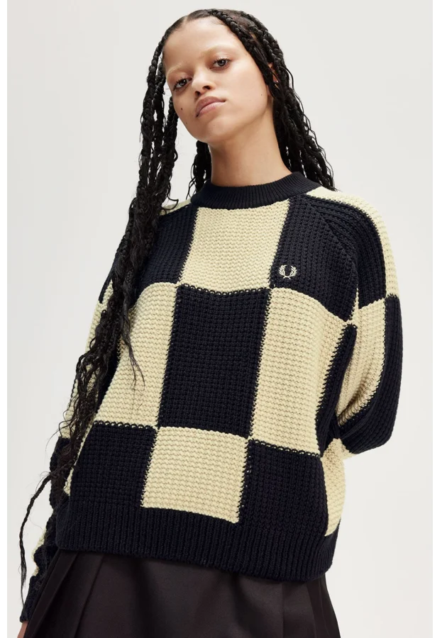 Women's Textured Chequerboard Black and Ecru Jumper