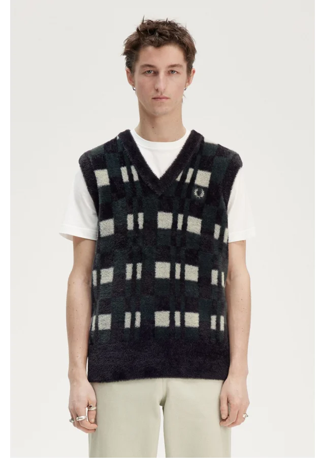 Men's Glitchy Chequerboard Fluffy Knitted V-neck vest