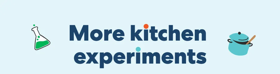 Light blue background with bold text and science-themed icons highlights more hands-on, kitchen-based science projects.