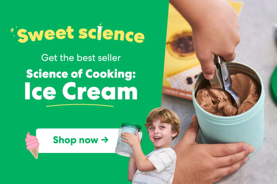 A young child smiles while holding a container, with an adult hand scooping out homemade chocolate ice cream. The text promotes KiwiCo’s bestseller ''Science of Cooking: Ice Cream'' with a CTA to shop.