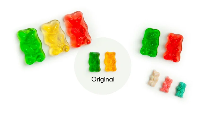 Various gummy bears shown in different sizes—some original and others visibly swollen or shriveled—demonstrating their reactions to different liquids.