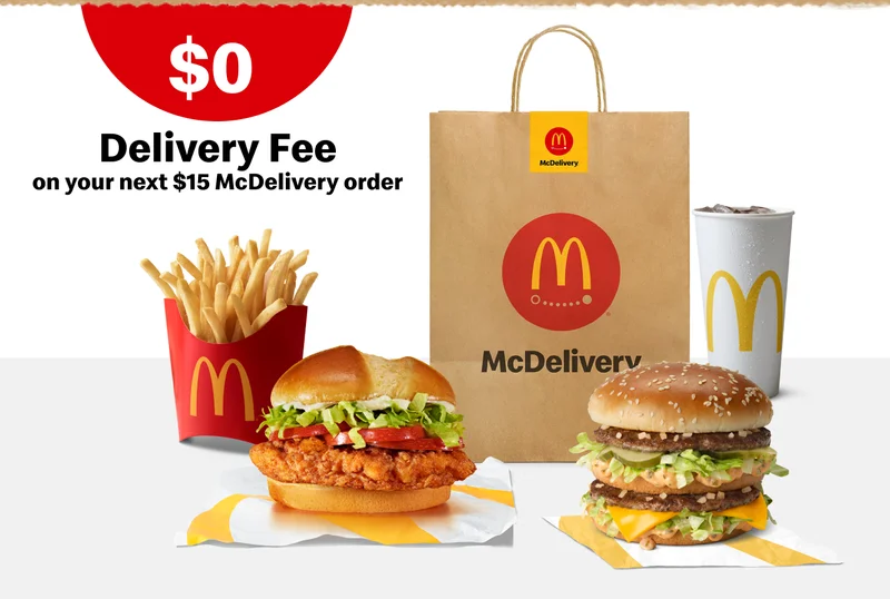Get your faves delivered with $0 delivery fee on your next $15 McDelivery order.