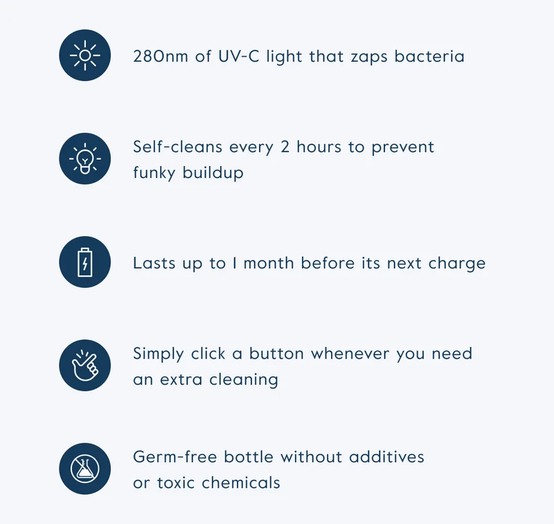 self-cleans every 2 hours to prevent buildup, lasts up to 1 month before its next charge