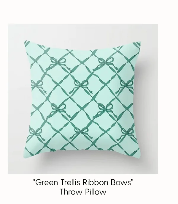 Green Trellis Ribbon Bows Throw Pillow by Krissy Mast