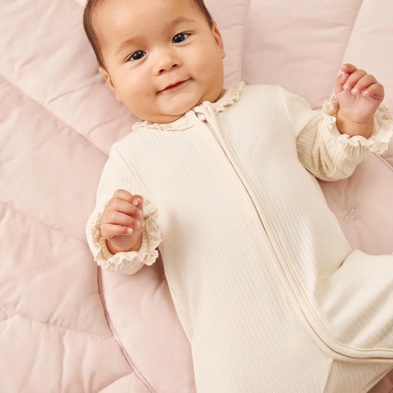 Image of Lace Trim Ribbed Clever Zip Baby Pajamas