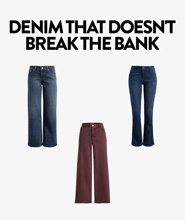 Jeans, including flared, barrel-leg and wide-leg silhouettes.