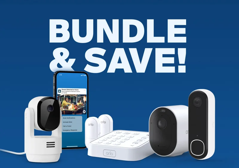 Bundle and save! Various Arlo security cameras near a phone with a simulated screen image of an Arlo Secure notification.