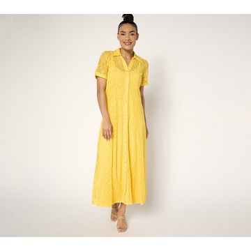 Susan Graver Petite Stretch Lace Button Front Midi Dress