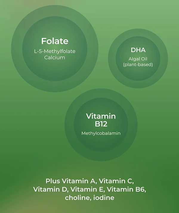 - Folate: L-5-Methylfolate Calcium - Vitamin B12: Methylcobalamin - DHA: Algal Oil (plant-based) - Plus Vitamin A, Vitamin C, Vitamin D, Vitamin E, Vitamin B6, choline, iodine