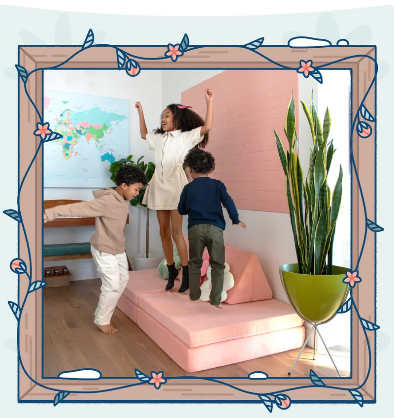 Three children jump on their Blossom Nugget.