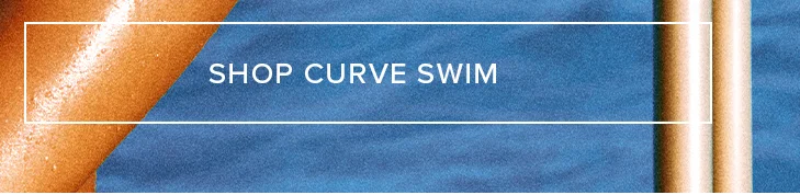 SHOP CURVE SWIM on blue background with wet skin. Discover stylish, inclusive swimwear.