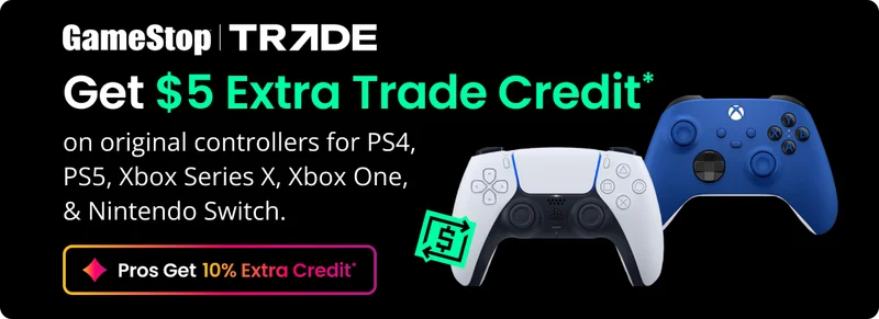 GameStop | TRADE Get $5 Extra Trade Credit* on original controllers for PS4, PS5, Xbox Series X, Xbox One, & Nintendo Switch.