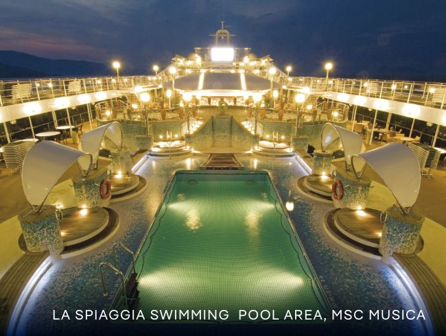 World Cruise 2027, La Spiaggia Swimming  Pool Area, MSC&nbsp;Musica – Click to Learn More