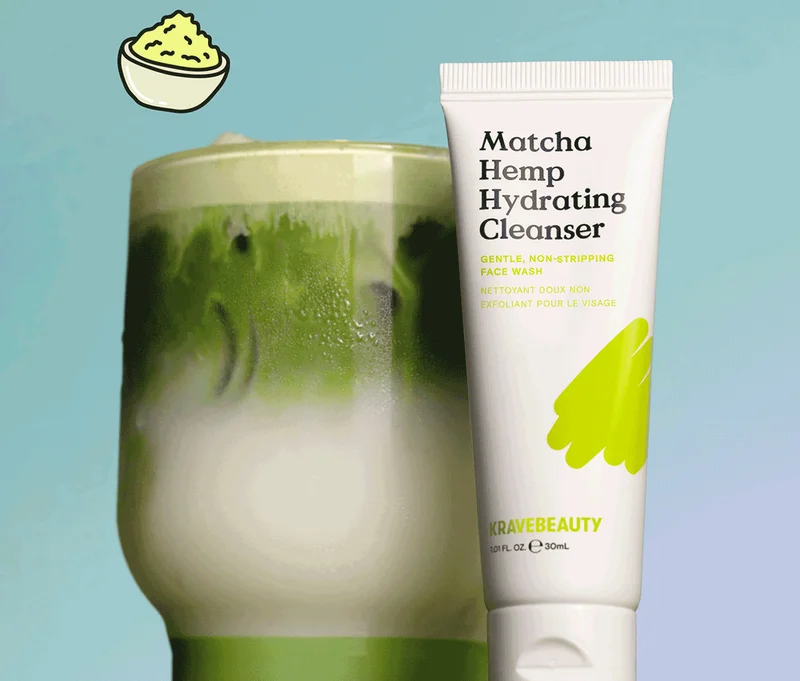 Mini Matcha Hemp Hydrating Cleanser with a matcha latte.