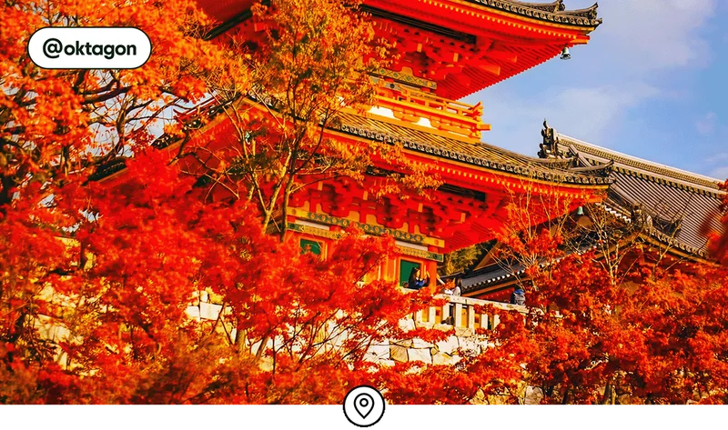 Image description: Fiery-red Japanese maple trees in front of Kiyomizu-dera Temple, photo taken by @oktagon