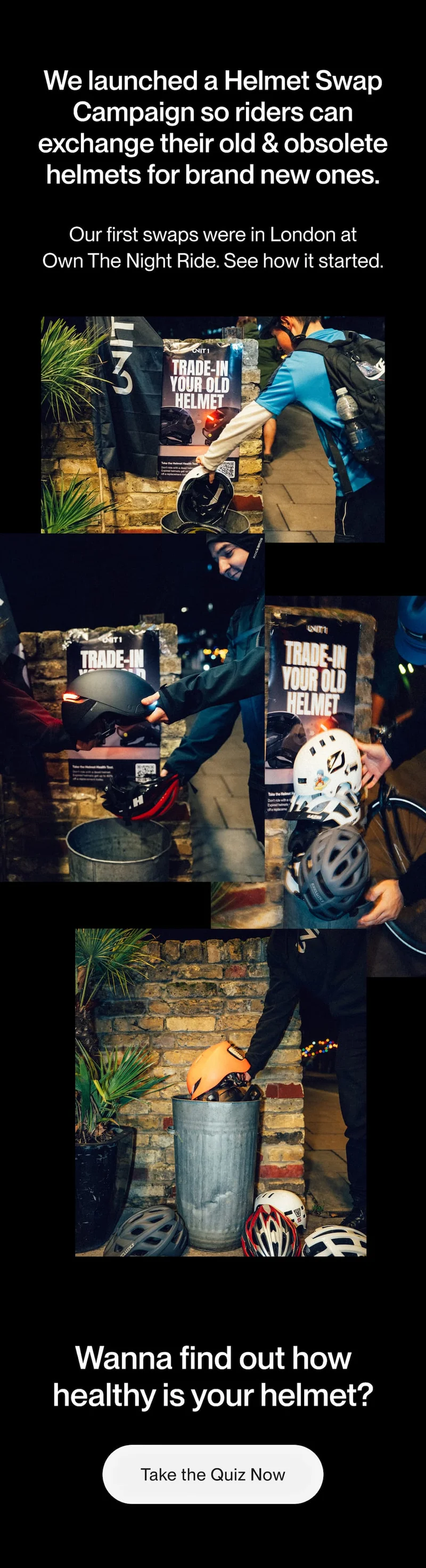 Hands holding a UNIT 1 smart helmet glowing with LED lights under the headline ‘NOW LIVE – Holiday Deals.’ Button below reads ‘Shop Deals.’ Once-a-year offers, limited units available.