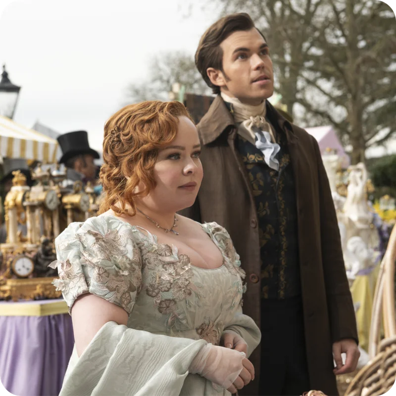 Still from the Bridgerton series featuring Penelope and Colin