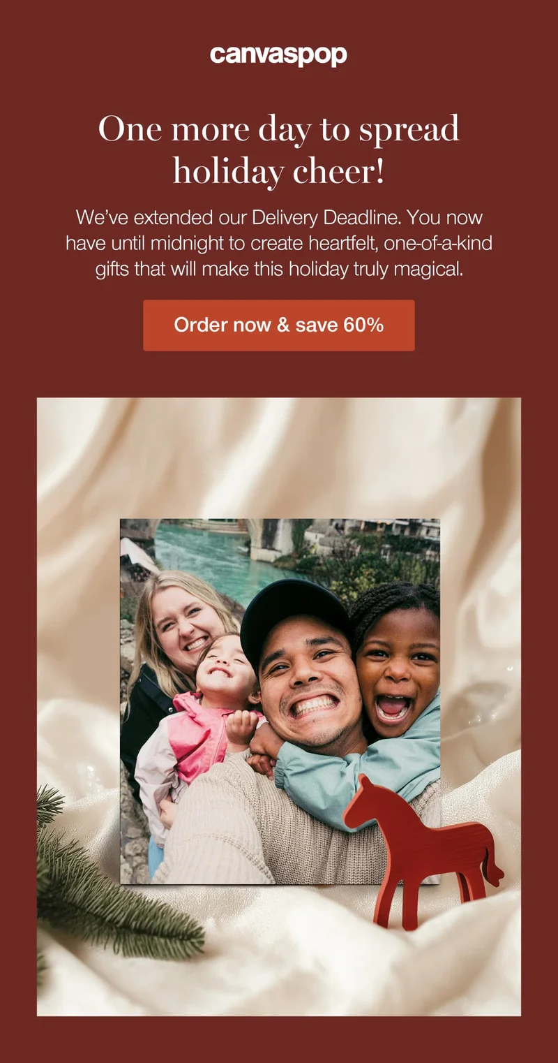One more day to spread holiday cheer! We've extended our Delivery Deadline. You now have until midnight to create heartfelt, one-of-a-kind gifts that will make this holiday truly magical.