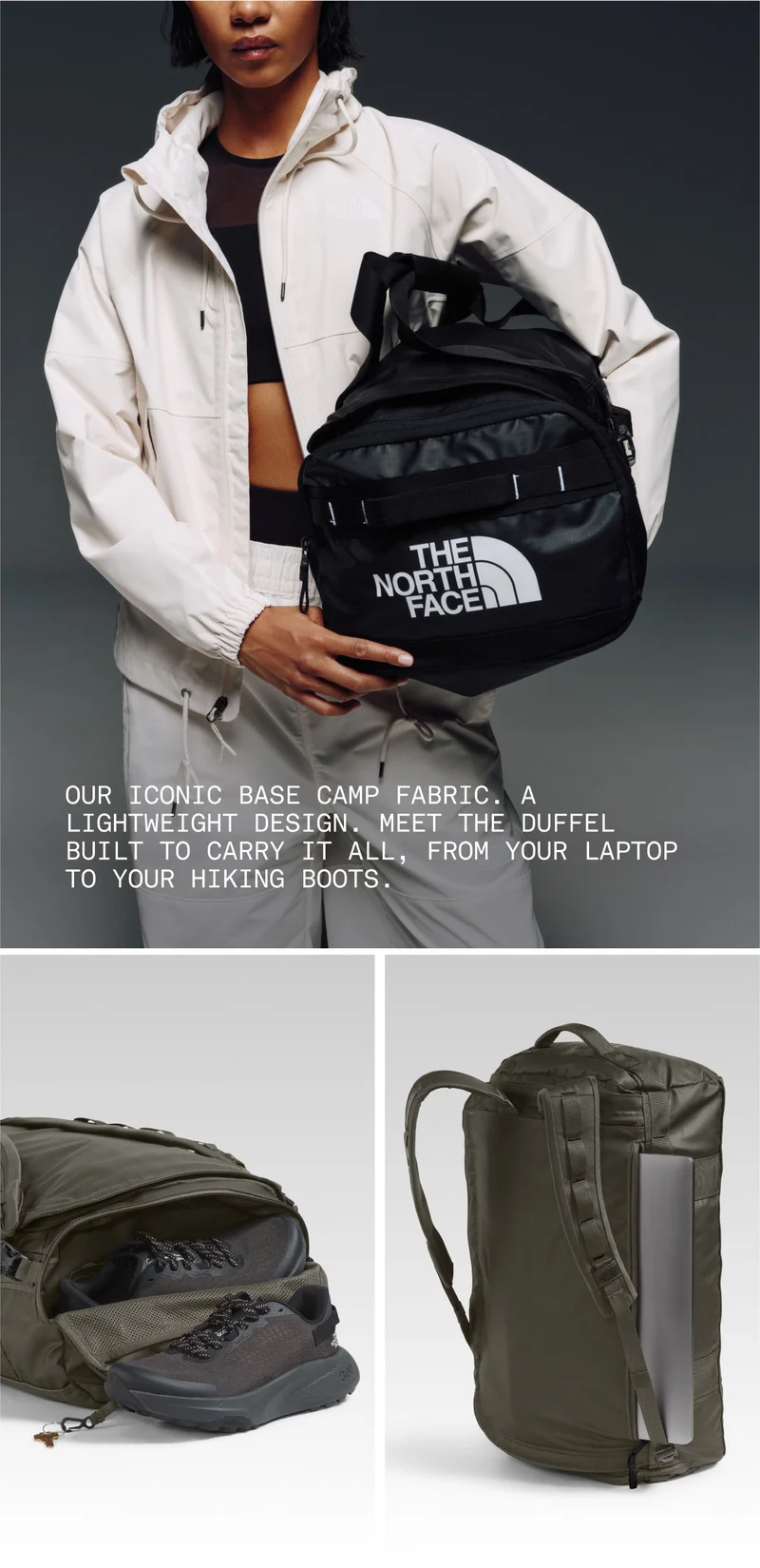 Base Camp Voyager Duffel - 32L. OUR ICONIC BASE CAMP FABRIC. A LIGHTWEIGHT DESIGN. MEET THE DUFFEL BUILT TO CARRY IT ALL, FROM YOUR LAPTOP TO YOUR HIKING BOOTS.