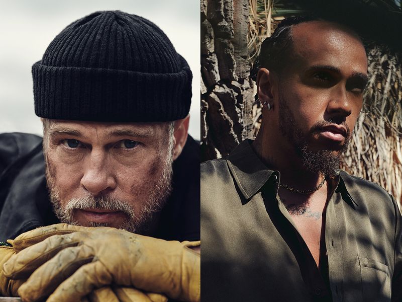 Image may contain: Brad Pitt, Lewis Hamilton, Damson Idris, Clothing, Glove, Cap, Hat, Face, Head, Person, and Photography