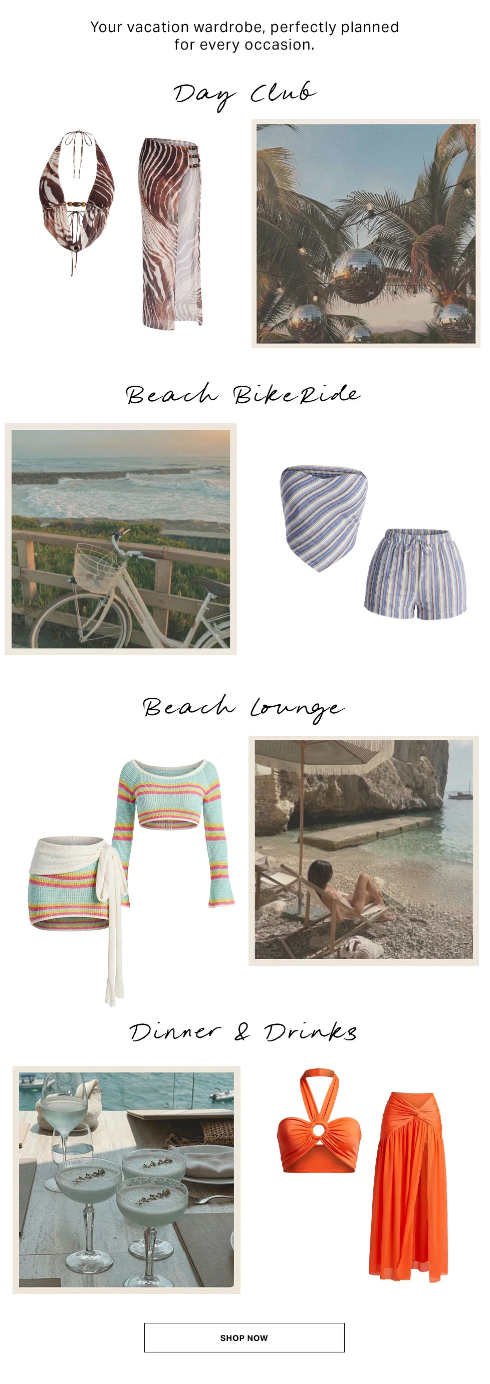 Diverse vacation wardrobe collage: brown resort wear, blue striped beach outfits, colorful knit lounge, and orange dinner fashion. Shop all summer looks.