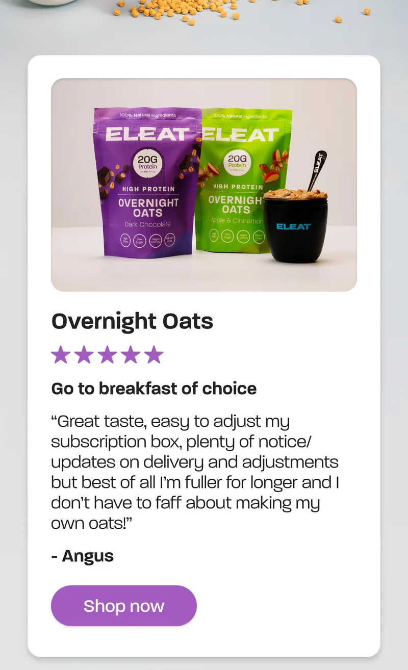 Overnight Oats. Go to breakfast of choice  ELEAT Overnight Oats have become my go to breakfast of choice. So easy to make up, great flavours and texture and the right levels of nutrition. I think I’ll struggle to find an alternative! – Angus