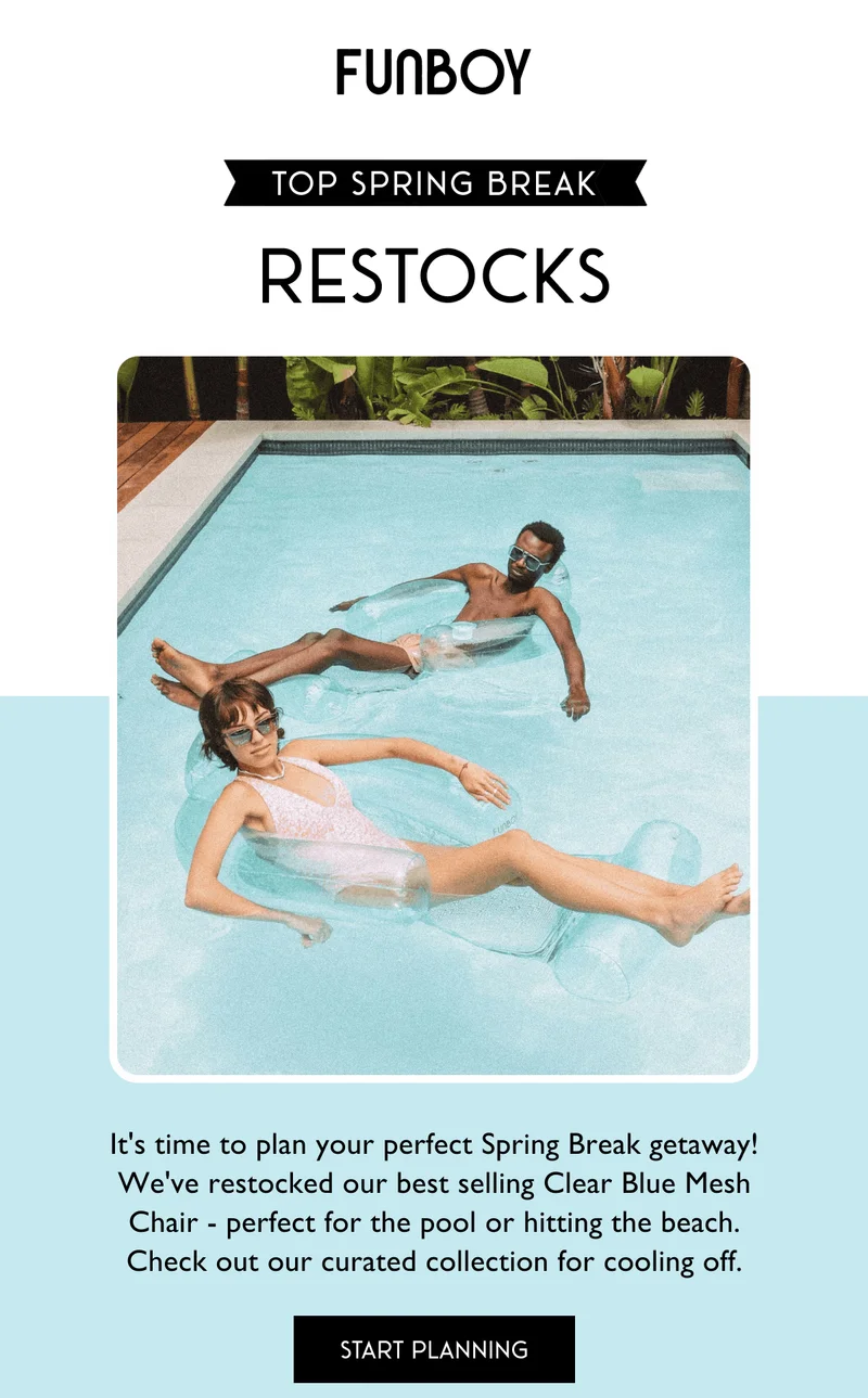 Top Spring Break Restocks | It's time to plan your perfect Spring Break getaway! We've restocked our best selling Clear Blue Mesh Chair - perfect for the pool or hitting the beach. Check out our curated collection for cooling off. | START PLANNING