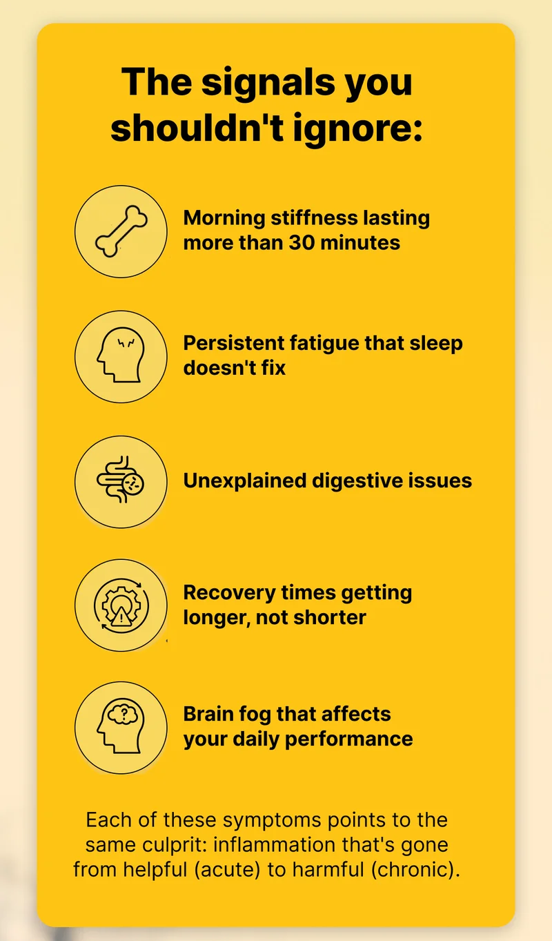 The signals you shouldn't ignore: Morning stiffness lasting more than 30 minutes Persistent fatigue that sleep doesn't fix Unexplained digestive issues Recovery times getting longer, not shorter Brain fog that affects your daily performance Each of these symptoms points to the same culprit: inflammation that's gone from helpful (acute) to harmful (chronic).