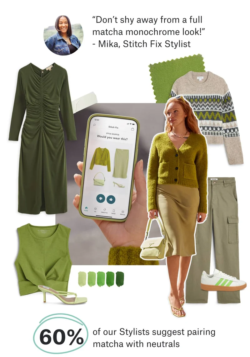 “Don’t shy away from a full matcha monochrome look!” - Mika, Stitch&nbsp;Fix Stylist | 60% of our Stylists suggest pairing matcha with neutrals