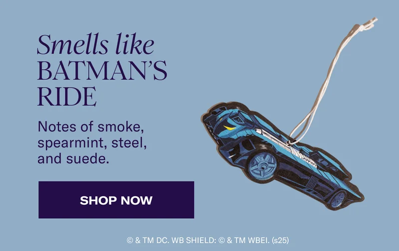 Smells like Batman's Ride | Notes of smoke, spearmint, steel, and suede. | Shop Now | © & TM DC. WB SHIELD: © & TM WBEI. (s25)