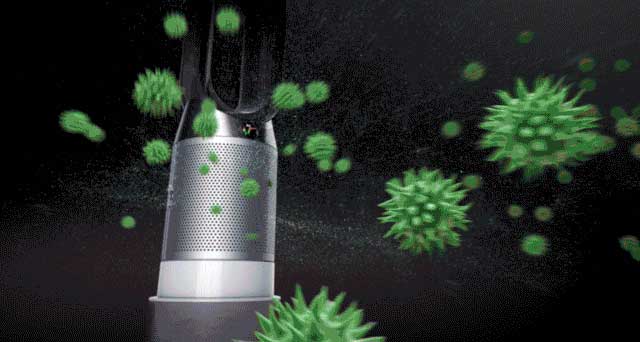 Dyson air purifier surrounded by airborne pollutants.