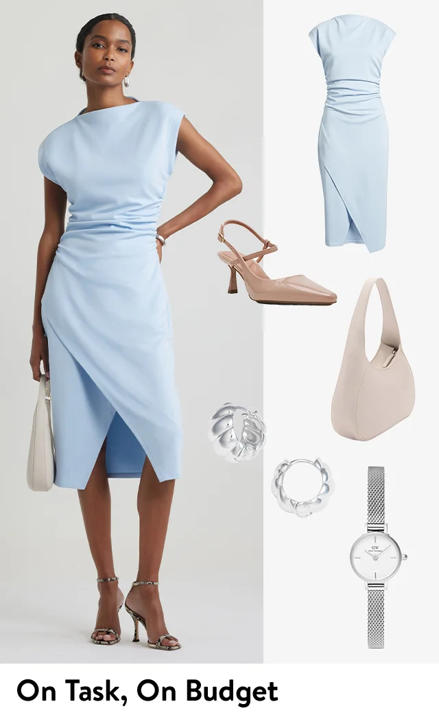 A woman wearing a blue sleeveless dress with ruching at the sides. An assortment of items to recreate the look.