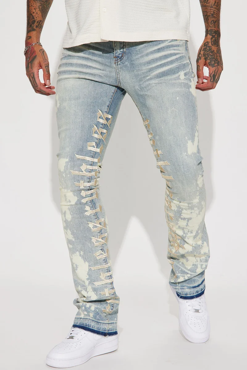 Image of Ruthless Embroidered Stacked Skinny Flare Jeans - Bleach Blue Wash