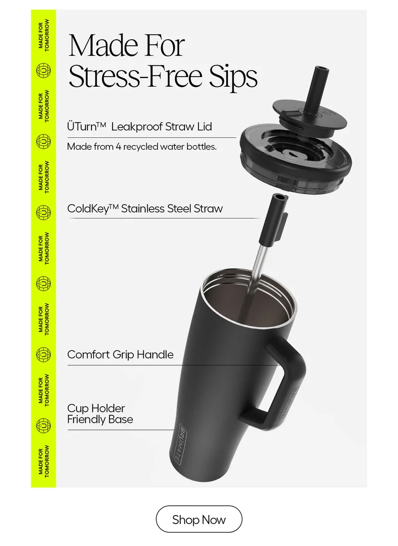Made For Stress-Free Sips. ÜTurn Leakproof Straw Lid Made from 4 recycled water bottles, ColdKey Stainless Steel Straw, Comfort Grip Handle, Cup Holder Friendly Base - Shop Now